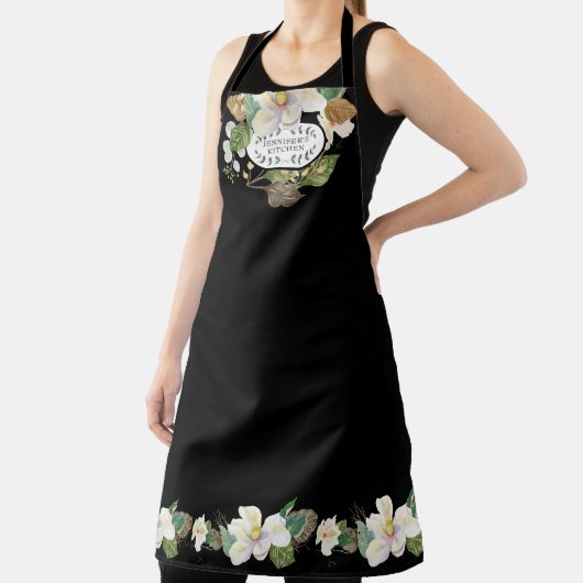 Magnolia Floral Wasserfarbe Schwarz n Weiße Küche Schürze (InSitu)