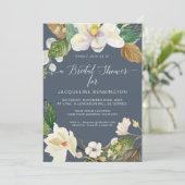 Magnolia Floral Watercolor Foliage Dusty Blue Navy Einladung (Stehend Vorderseite)