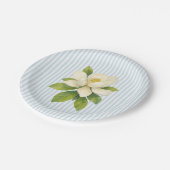 Magnolia Flower Custom Wedding Blue Stripe Pappteller (Schrägansicht)