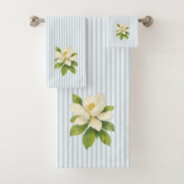 Magnolia Flower Painting Blue Stripe Badhandtuch Set