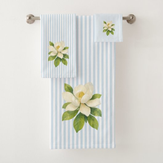 Magnolia Flower Painting Blue Stripe Badhandtuch Set (Insitu)