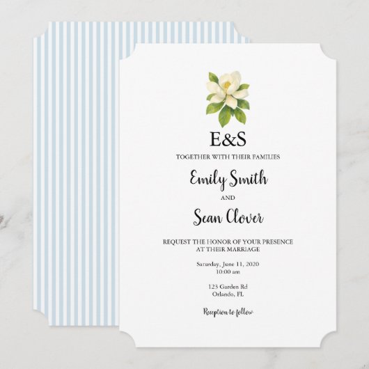 Magnolia Flower Wedding Monogram Blue Stripe Einladung (Vorne/Hinten)