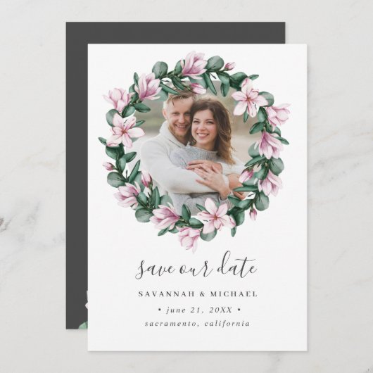 Magnolia Frame Wreath Foto Hochzeit speichern Sie  Save The Date (Vorne/Hinten)