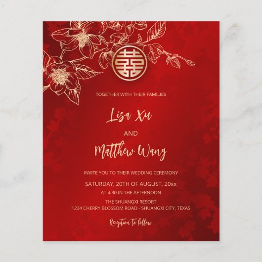Magnolia Gold Red Chinese Wedding Flyer (Vorne)