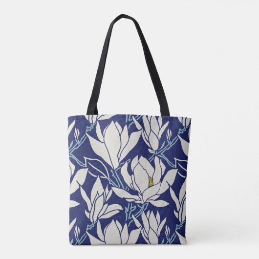 Magnolia-Grafik im Indigo-Muster Tasche (Rückseite)