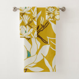 Magnolia-Grafik im Senfmuster Badhandtuch Set