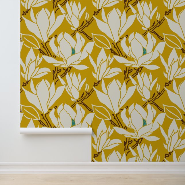 Magnolia-Grafik im Senfmuster Tapete (Anwendung)