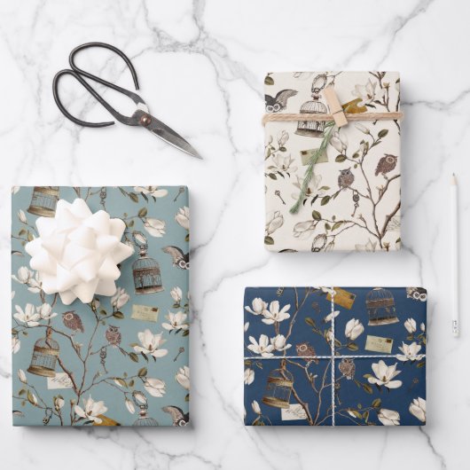 Magnolia Grove with Owls in Cream and Blue Geschenkpapier Set (Vorderseite)
