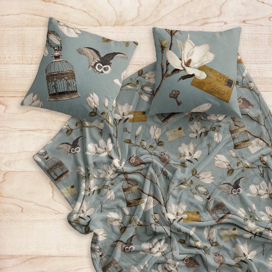 Magnolia Grove with Owls in Duck egg blue Fleecedecke