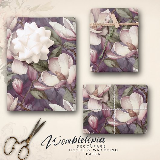 Magnolia Hand bemalt Blumenkunst Lila Geschenkpapier Set