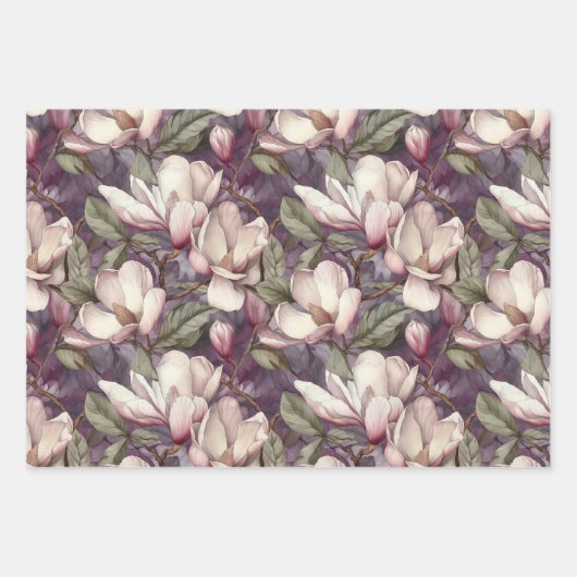 Magnolia Hand bemalt Blumenkunst Lila Geschenkpapier Set (Vorderseite)