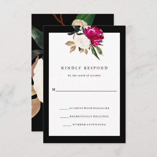 Magnolia | HochzeitsrSVP Schwarz und Weiß RSVP Karte (Vorne/Hinten)