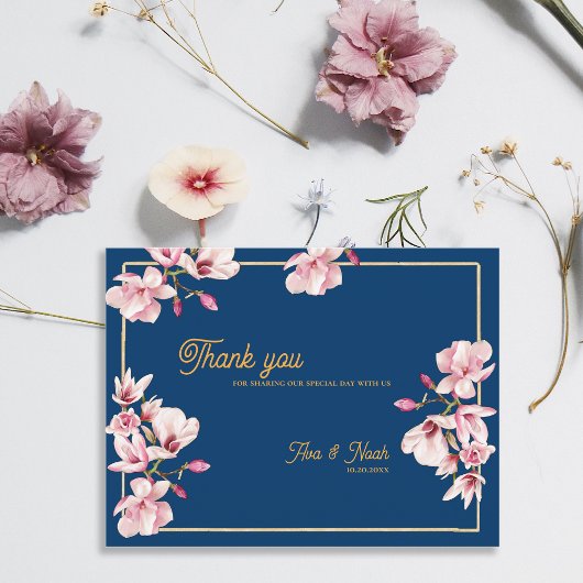 Magnolia Navy Blue Floral Wedding Thank You Postkarte
