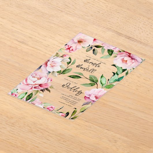 Magnolia Peony Pink Watercolor Blumenhochzeit Acryleinladungen (Ablage )