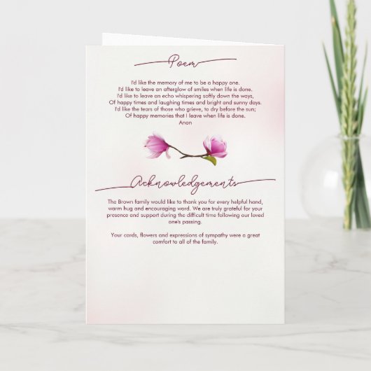 Magnolia Pink Floral Funeral Programm (Rückseite)