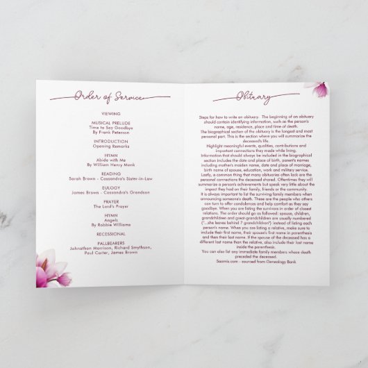 Magnolia Pink Floral Funeral Programm (Innenseite)