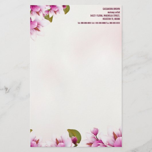 Magnolia Pink Floral Personalisiert Briefpapier (Vorderseite)