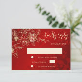 Magnolia Red Gold Chinese Wedding RSVP Karte (Stehend Vorderseite)