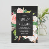 Magnolia Rosa Blütenblume Alles in einer Schwarzen Einladung (Stehend Vorderseite)