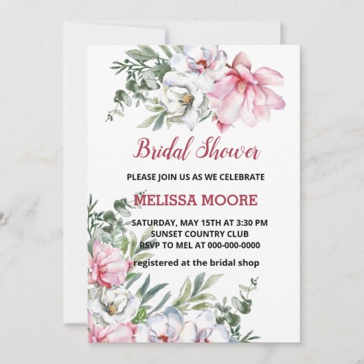 Magnolia Rosa Weiße Blume Brautparty Einladung (Vorderseite)