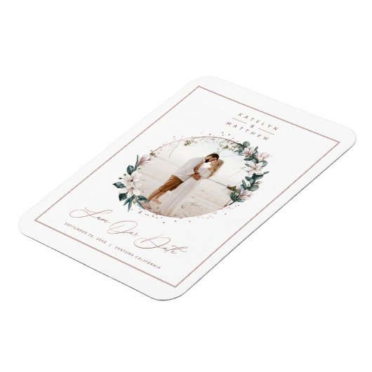 Magnolia & Rose Gold Circle Foto Save the Date Magnet (Linke Seite)