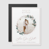 Magnolia & Rose Gold Circle Foto Save the Date Magnetkarte (Vorne/Hinten)