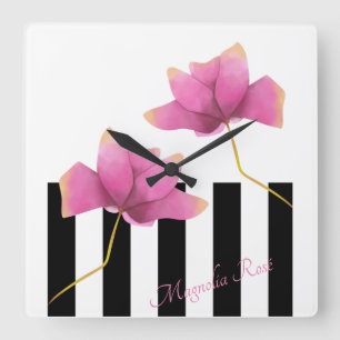 Magnolia Rosé Moderne Blumen und Streifen Quadratische Wanduhr