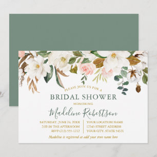 Magnolia Rose Wasserfarbe Grün goldgelb Einladung