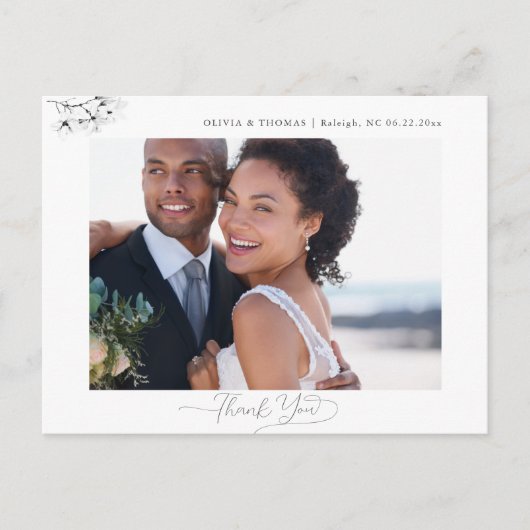 Magnolia Schwarz-weiß Wedding Foto Vielen Dank Postkarte (Vorderseite)