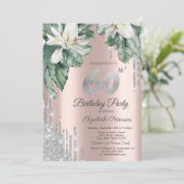 Magnolia Silver Glitzer Tropfen Rose Gold 60. Einladung (Stehend Vorderseite)