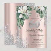 Magnolia Silver Glitzer Tropfen Rose Gold 60. Einladung (Vorne/Hinten)