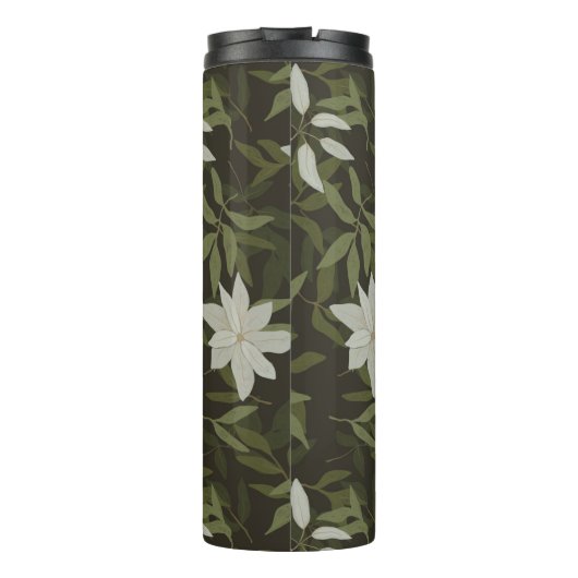 Magnolia und grüne Blätter auf schwarz Thermosbecher (Rückseite)