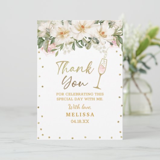 Magnolia Watercolor Champagne Glass Brautparty Dankeskarte (Stehend Vorderseite)