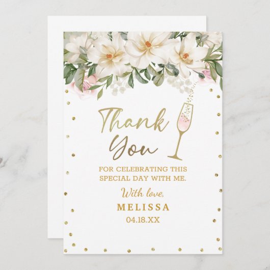 Magnolia Watercolor Champagne Glass Brautparty Dankeskarte (Vorne/Hinten)