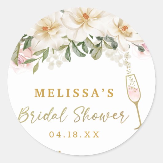 Magnolia Watercolor Champagne Glass Brautparty Runder Aufkleber (Vorderseite)