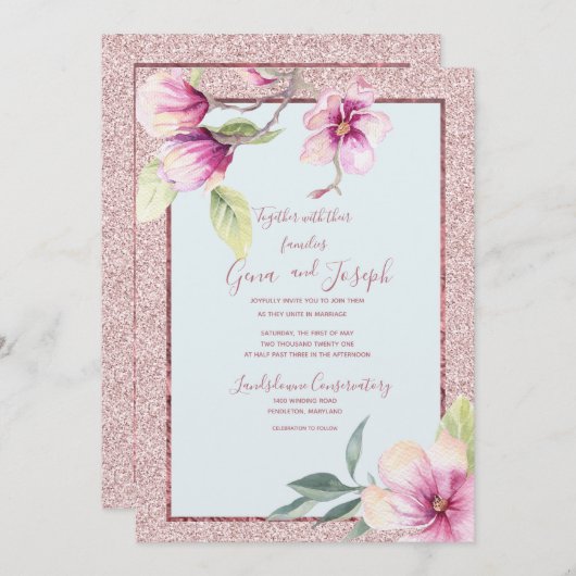 Magnolia Watercolor Crystal Pink Glitzer Einladung (Vorne/Hinten)