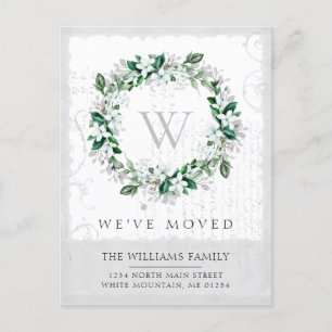 Magnolia Watercolor Floral Wreath Monogram Moving Ankündigungspostkarte