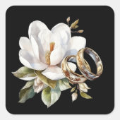 Magnolia Wedding Rings Gold Black Quadratischer Aufkleber (Vorderseite)