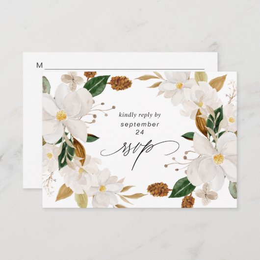 Magnolia White Floral w Meal RSVP Karte (Vorne/Hinten)