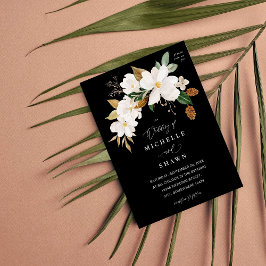 Magnolia White Floral Wedding - Black Einladung