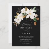 Magnolia White Floral Wedding - Black Einladung (Vorderseite)