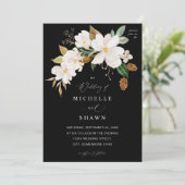 Magnolia White Floral Wedding - Black Einladung (Stehend Vorderseite)