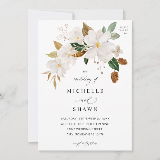Magnolia White Floral Wedding Einladung (Vorderseite)