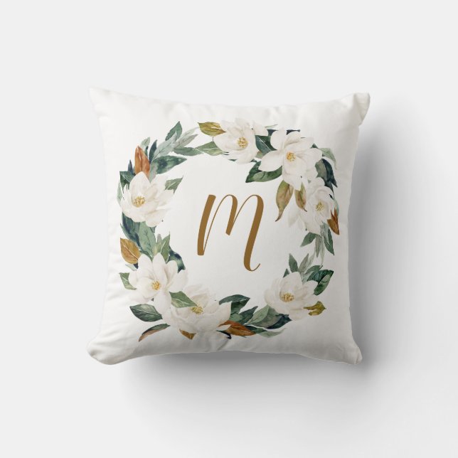 Magnolia Wreath Monogram Kissen (Vorderseite)