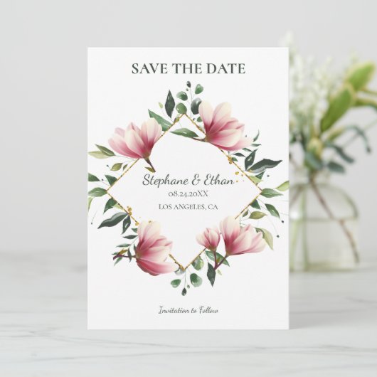 Magnolia Wreath Save The Date (Stehend Vorderseite)
