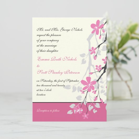 Magnolia Zweig rosa Hochzeit individuelle Einladun Einladung (Stehend Vorderseite)