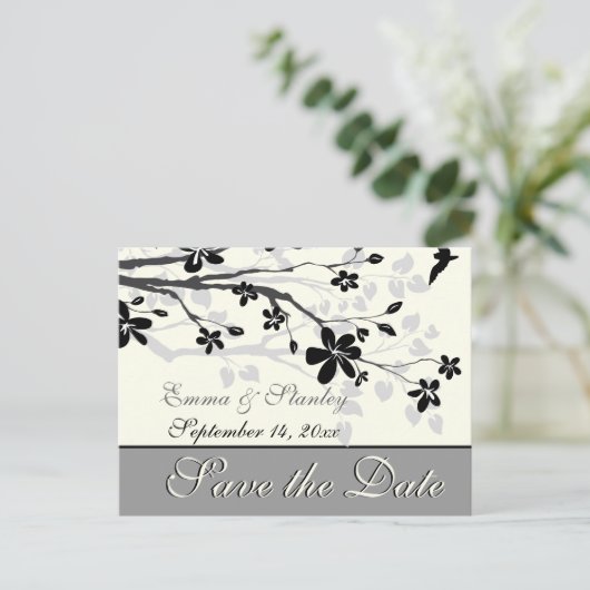Magnolia Zweig schwarz graue Hochzeit Speichern Si Ankündigungspostkarte (Stehend Vorderseite)
