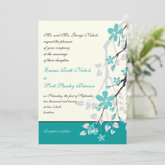 Magnolia Zweig türkis Hochzeitseinladung Einladung (Stehend Vorderseite)