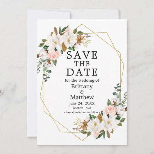 Magnolias rosa Rosen Gold Geografie Save The Date (Vorderseite)