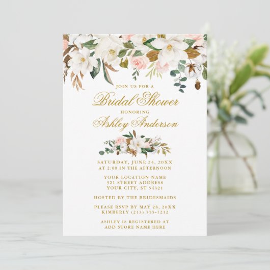 Magnolias Rose Goldenes Grün Brautparty Einladung (Stehend Vorderseite)